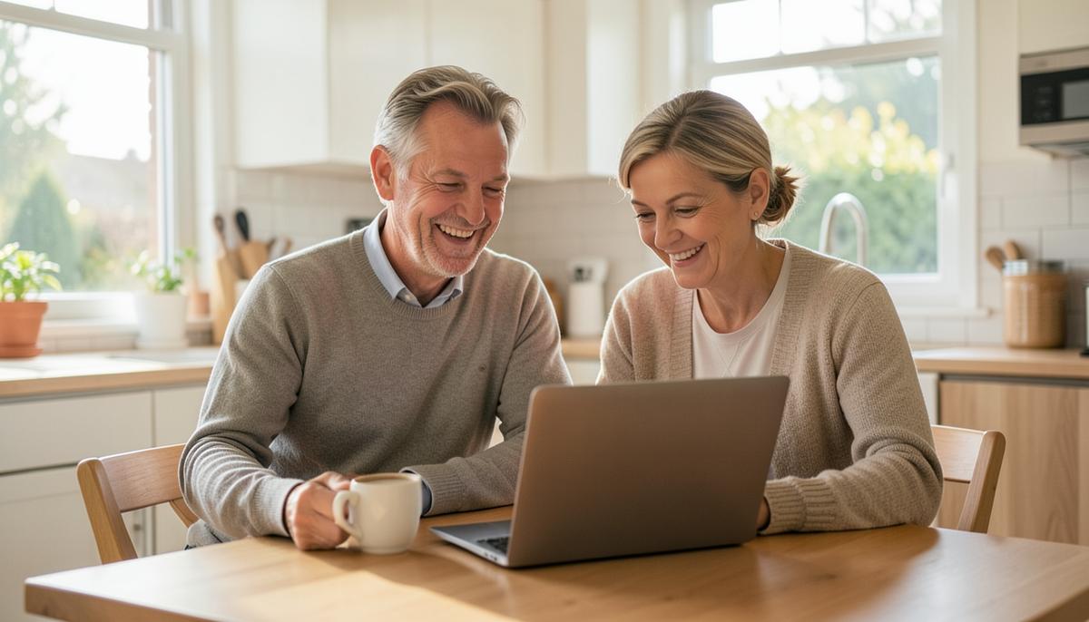 Couple souriant qui consulte un devis sur un ordinateur portable