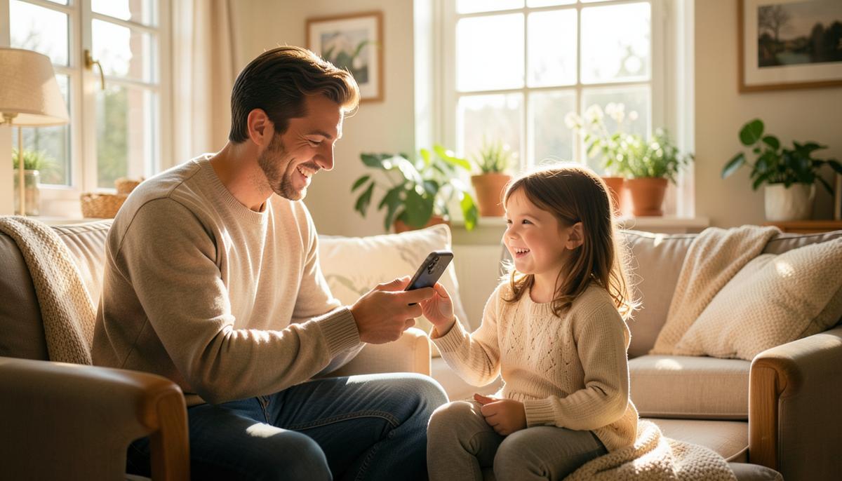 Père et fille qui regardent ensemble un téléphone dans leur salon