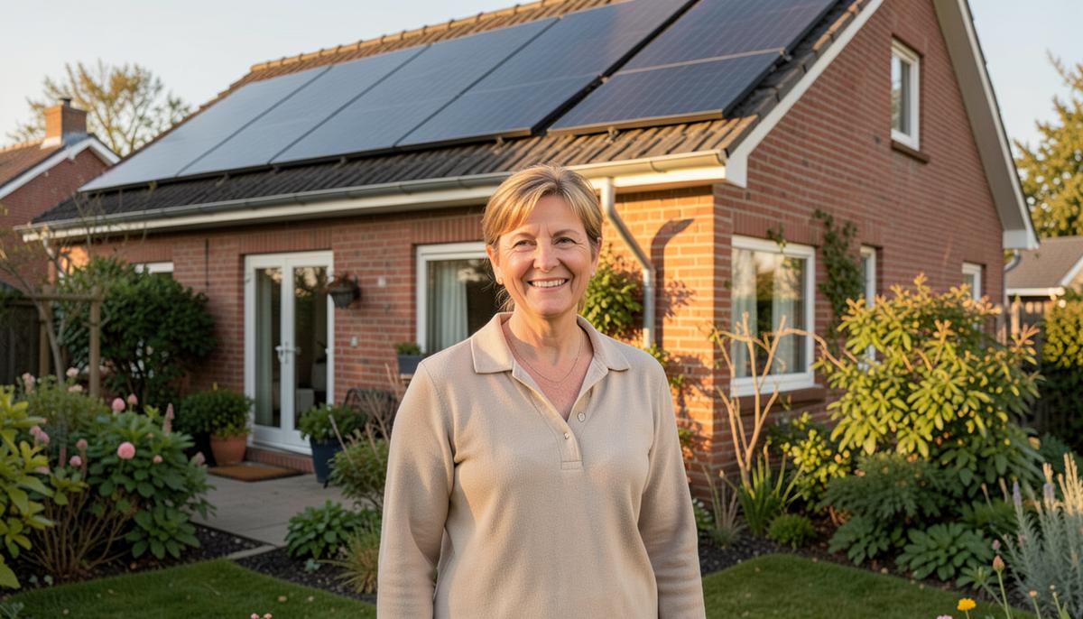 Propriétaire souriante devant sa maison en briques équipée de panneaux solaires